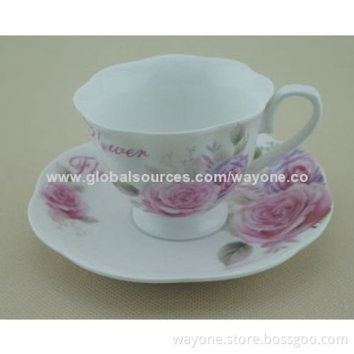 New Shape Ceramic 6-set 90cc Coffee Cup & Saucer in Printed Gift Box, Flower in 6 Colors, Ideal Gift